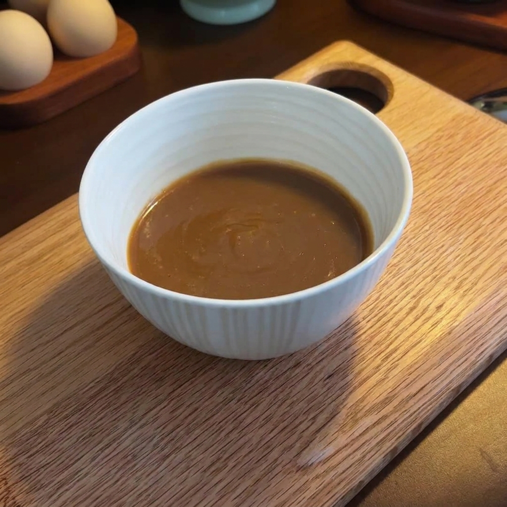 白いボウルに入った、練りごま、ピーナッツバター、味噌を混ぜ合わせたなめらかなペースト。