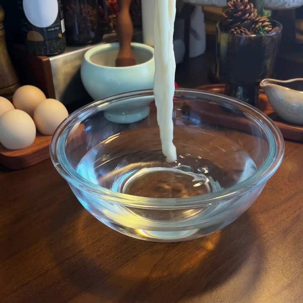 冷水を入れたガラスボウルで、茹で上がったラーメンの麺を洗っている様子。