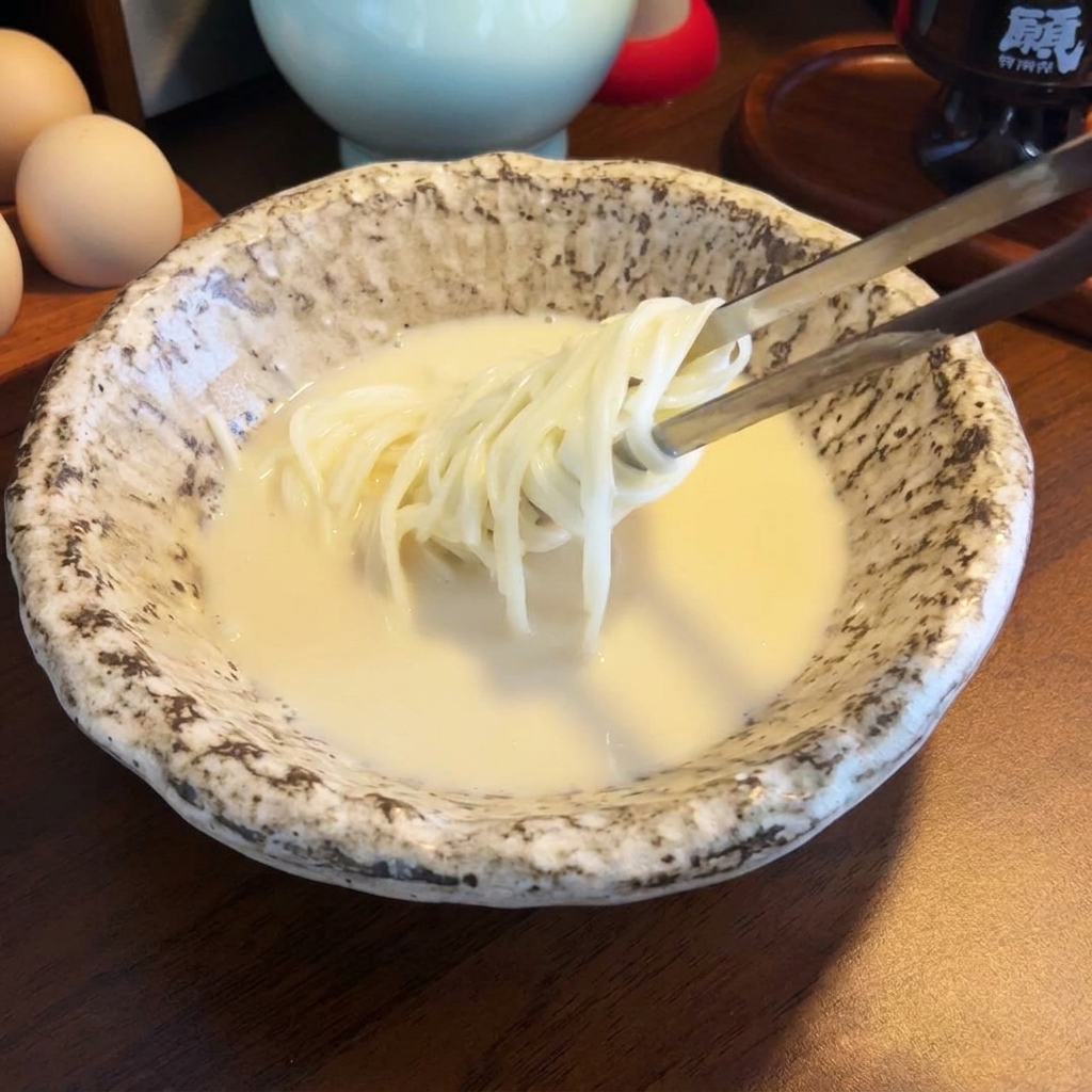 箸を使って、茹でて水洗いしたラーメンの麺をクリーミーな豆乳味噌スープに入れている様子。