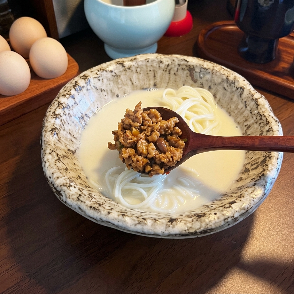 白濁したスープと麺が入った器の上に、風味豊かな茶色い豚ひき肉炒めを木製スプーンで乗せている様子。