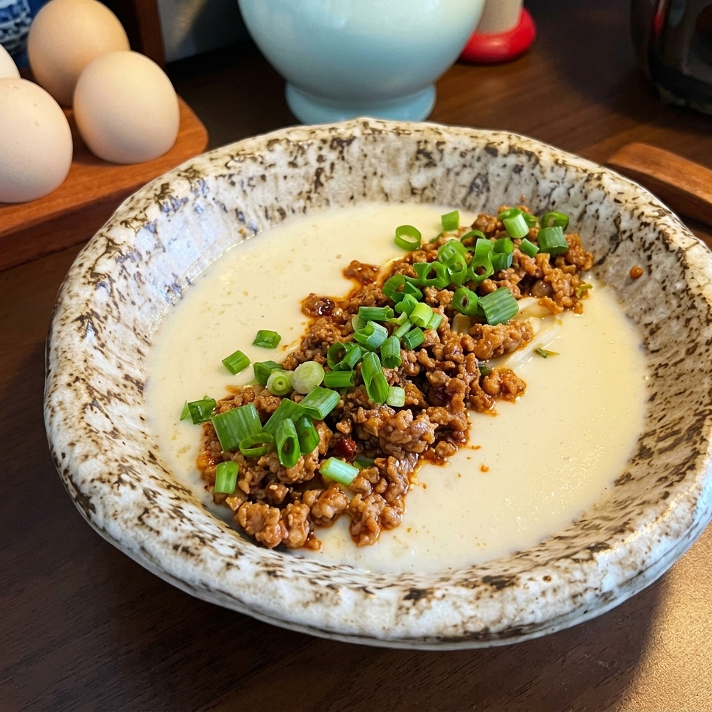 クリーミーなラーメンの上に、たっぷりの豚ひき肉、刻みたての青ネギ、そして鮮やかな赤いラー油がトッピングされた一杯。