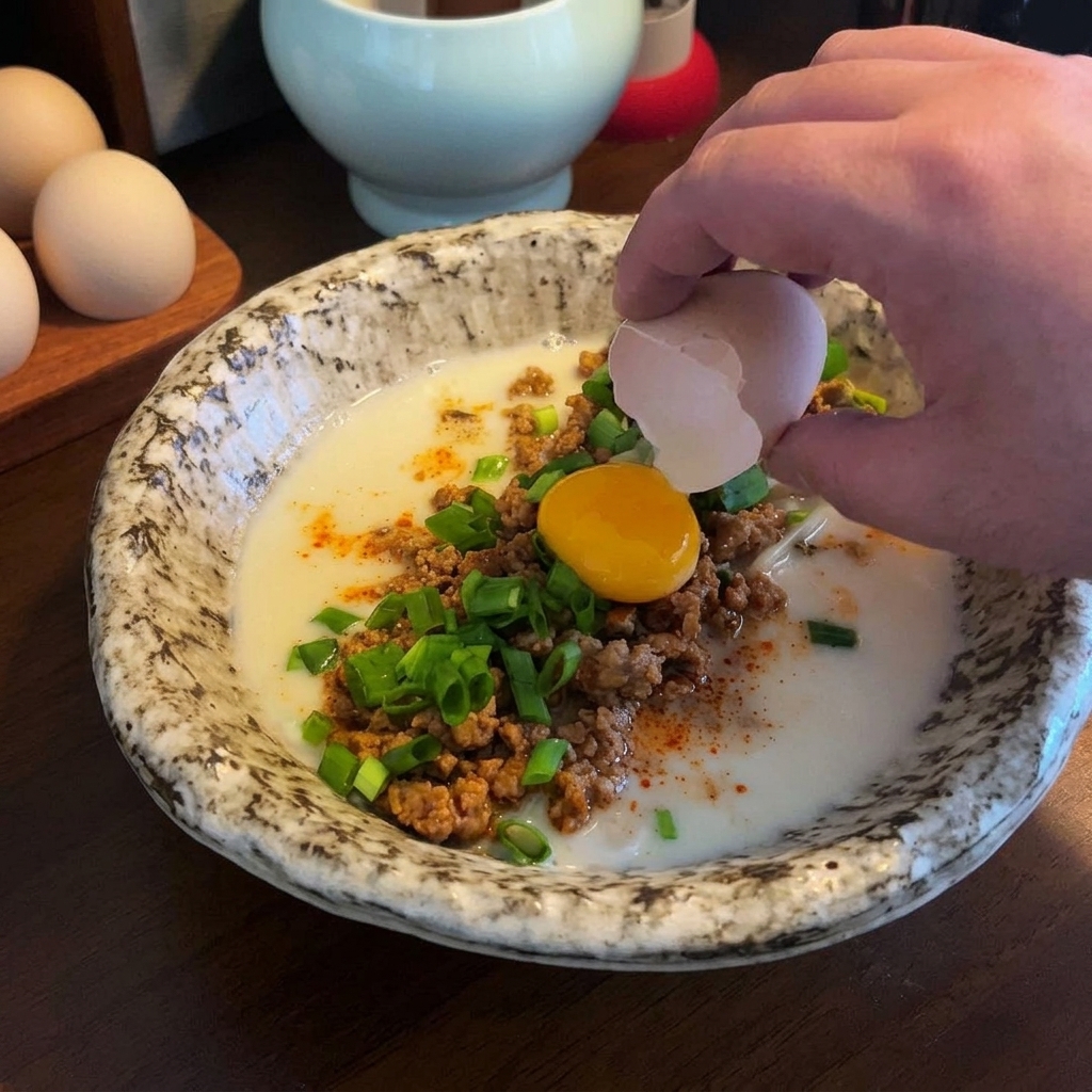 新鮮な卵を割り、黄金色の卵黄をラーメン鉢の中央に静かに落としている様子。