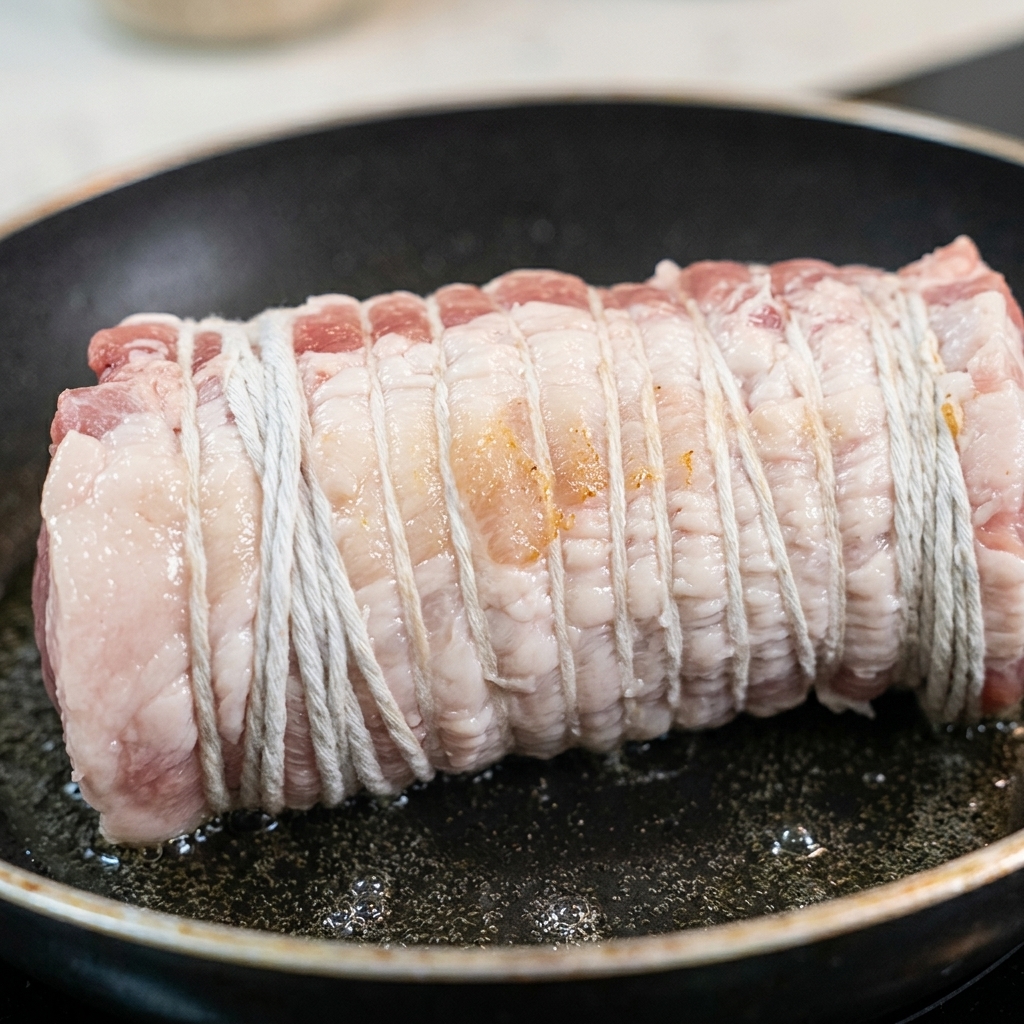 フライパンでタコ糸で縛った豚バラ肉をきつね色になるまで焼いている様子。