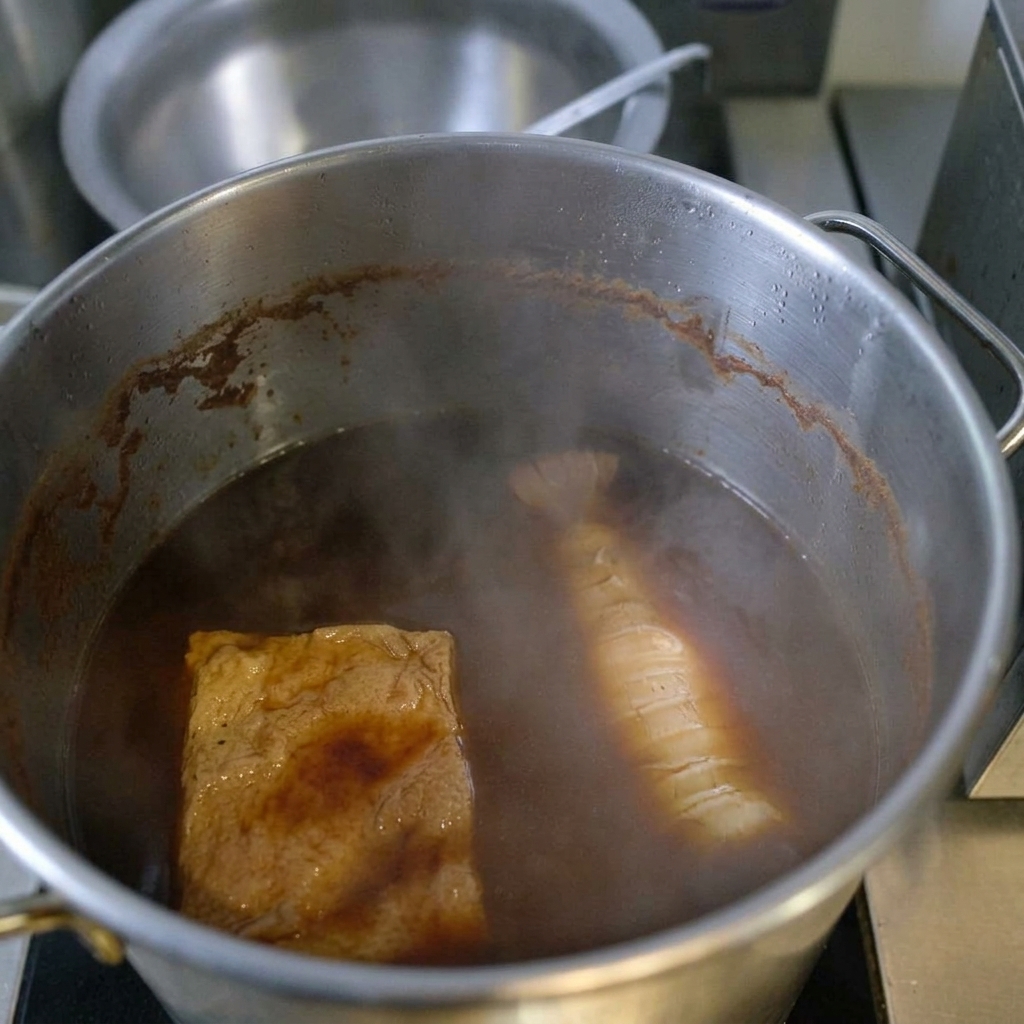 大きめの鍋に入った濃い色のチャーシューのタレの中で、焼き目をつけた豚肉を煮込んでいる様子。