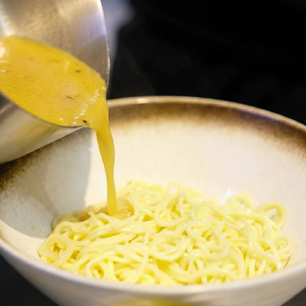 茹で上がったラーメンの麺が入った丼に、ステンレスのお玉で熱々の黄金色の味噌スープを注いでいる様子。