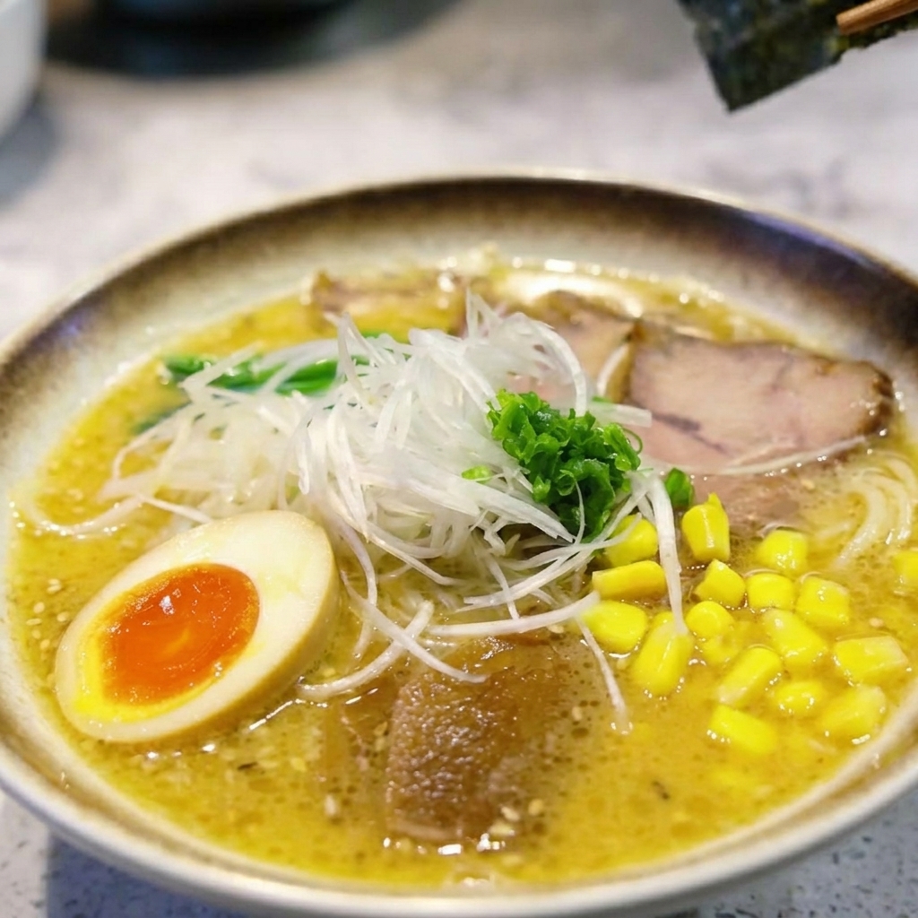 スライスしたチャーシュー、半分に切った半熟卵、鮮やかな黄色のコーン、たっぷりの青ネギをトッピングした味噌ラーメンの完成写真。