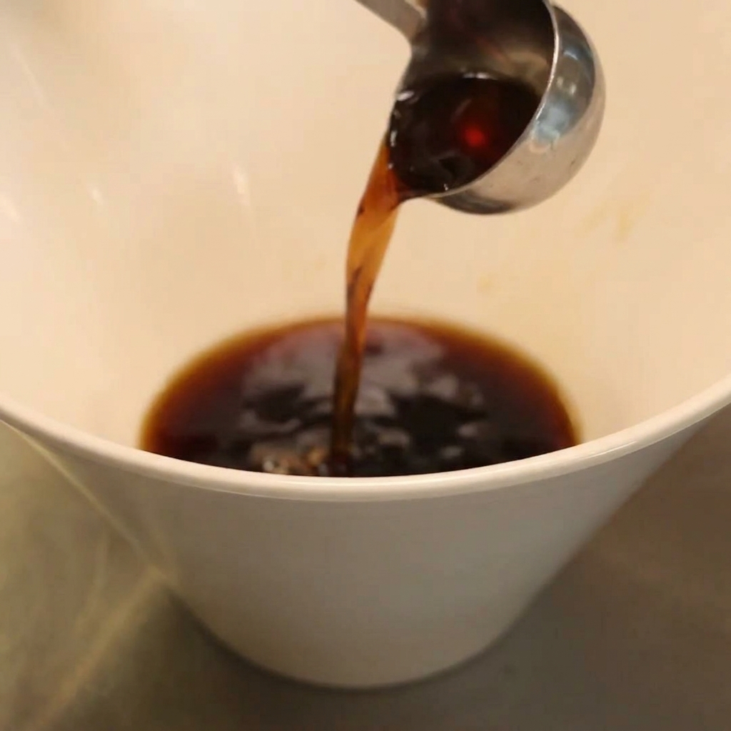 金属のお玉から、空の白いラーメン鉢へ濃い色の調味料が注がれている。