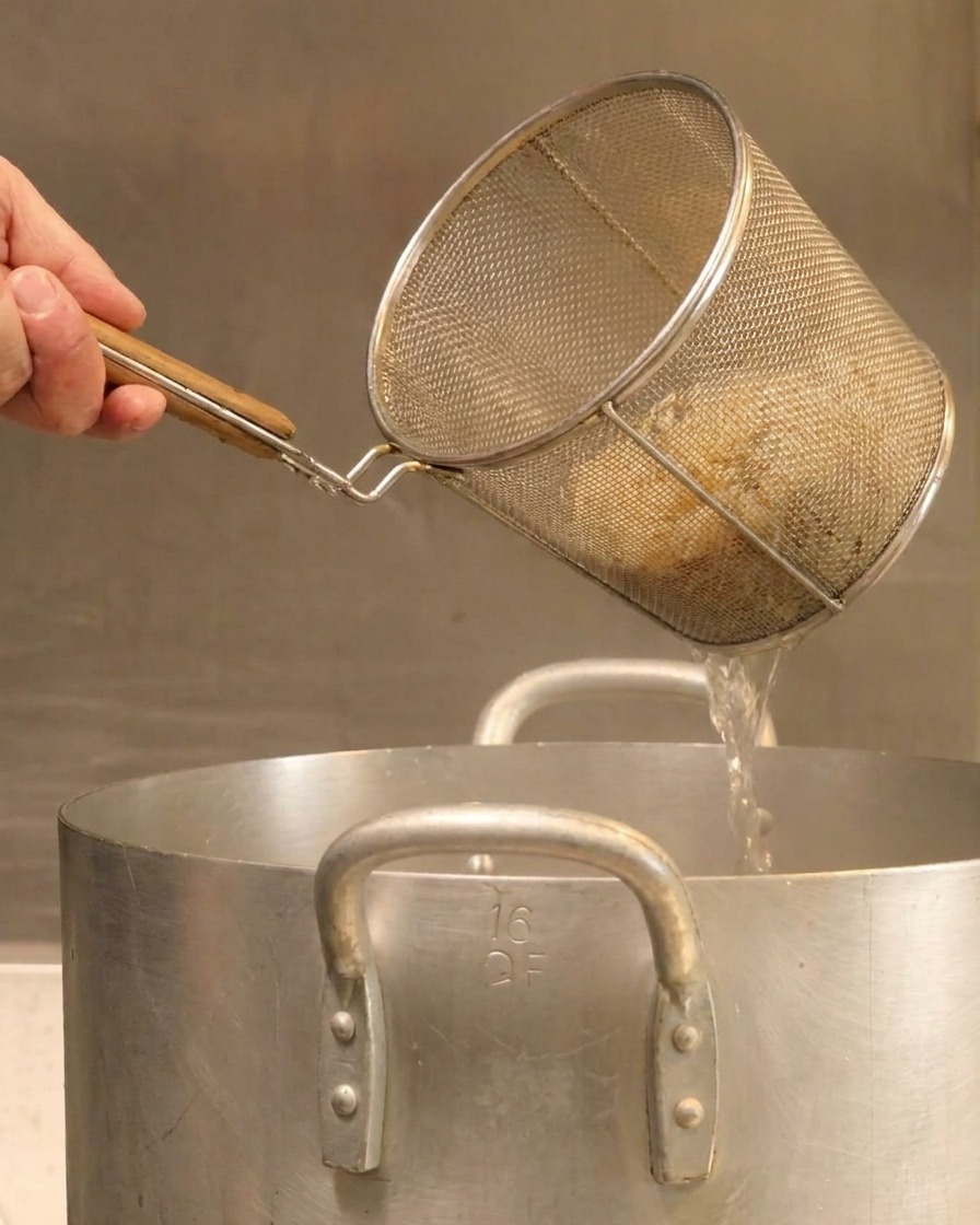 麺用のざるを鍋の上で持ち上げ、お湯を切っている手。