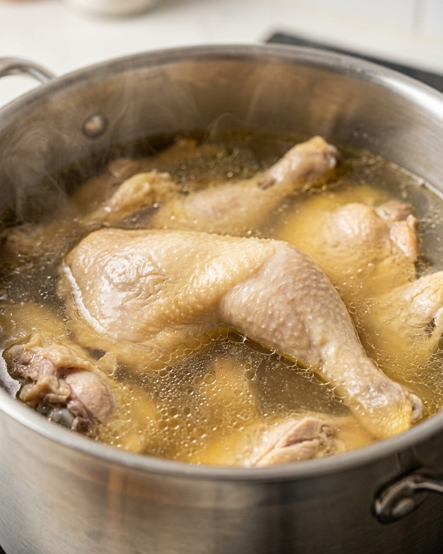 大きな鍋で鶏肉が勢いよく煮立っている様子。