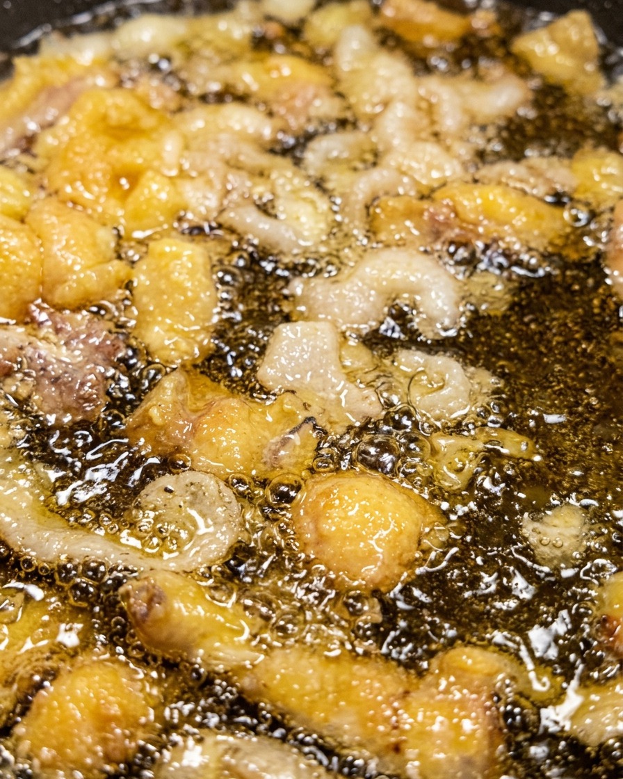 フライパンで鶏皮を弱火で熱し、黄金色の脂が溶け出している様子。