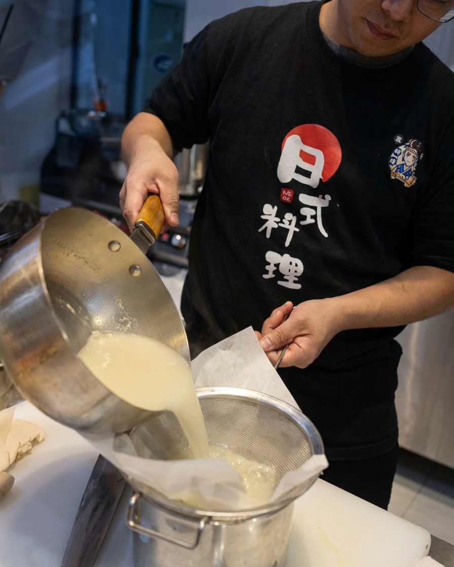 細かい濾し器でスープを濾し、透明感のある白濁スープを作っている様子。