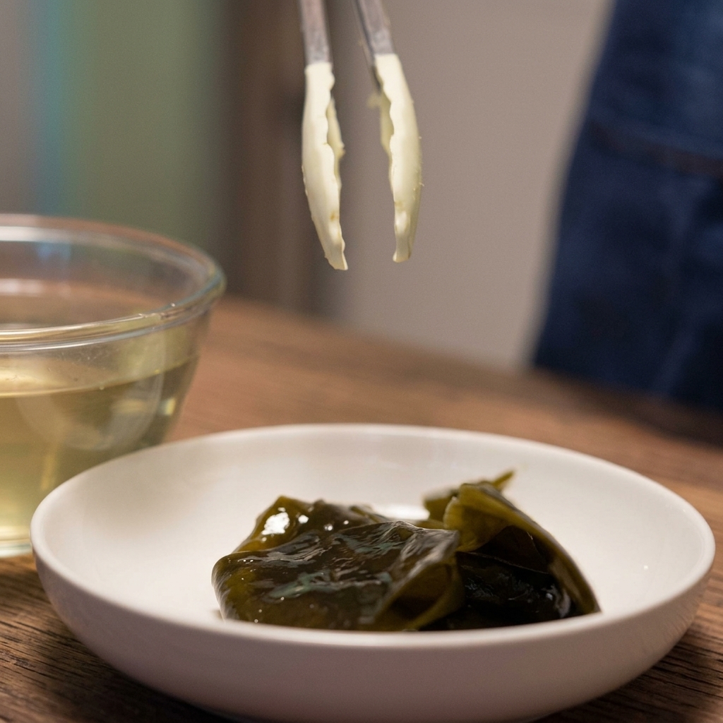 昆布の戻し汁をガラス鍋に注いでいる様子。
