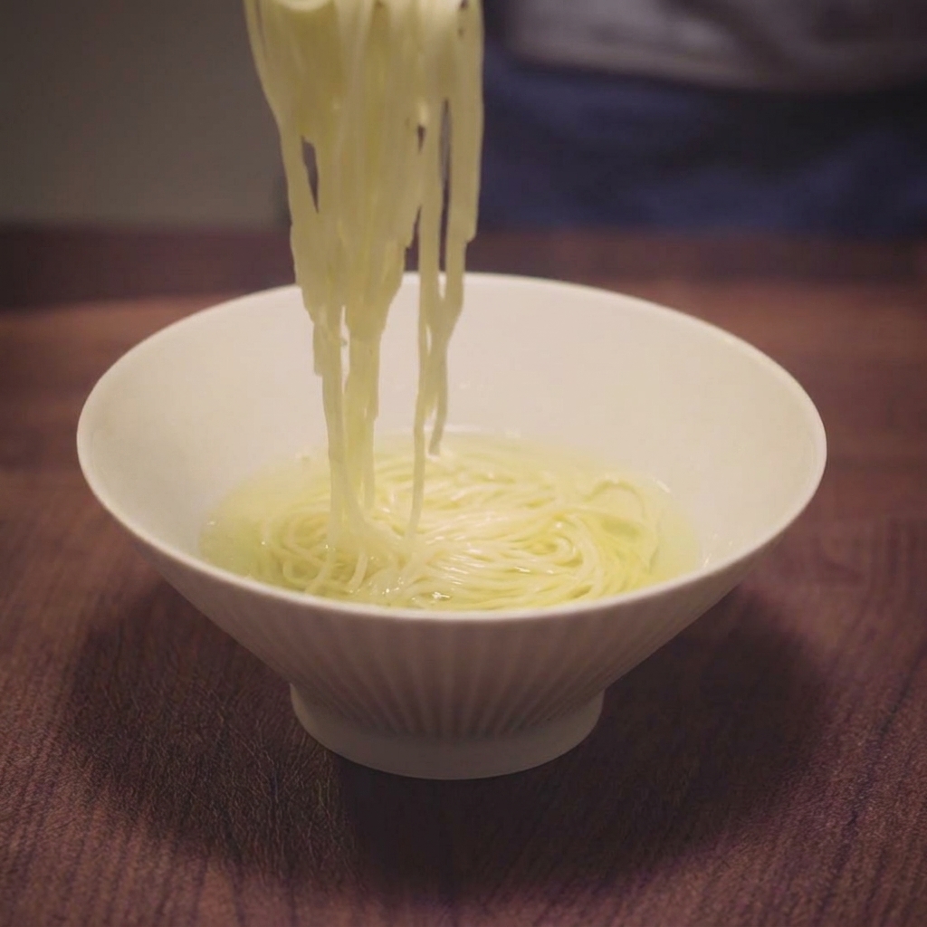黄金色のスープの中に、箸で茹でた細麺を整えて入れている様子。