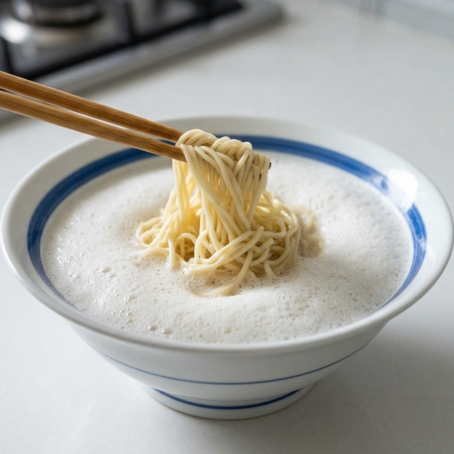 器に入れた麺に熱々の鶏白湯スープを注いでいる様子。