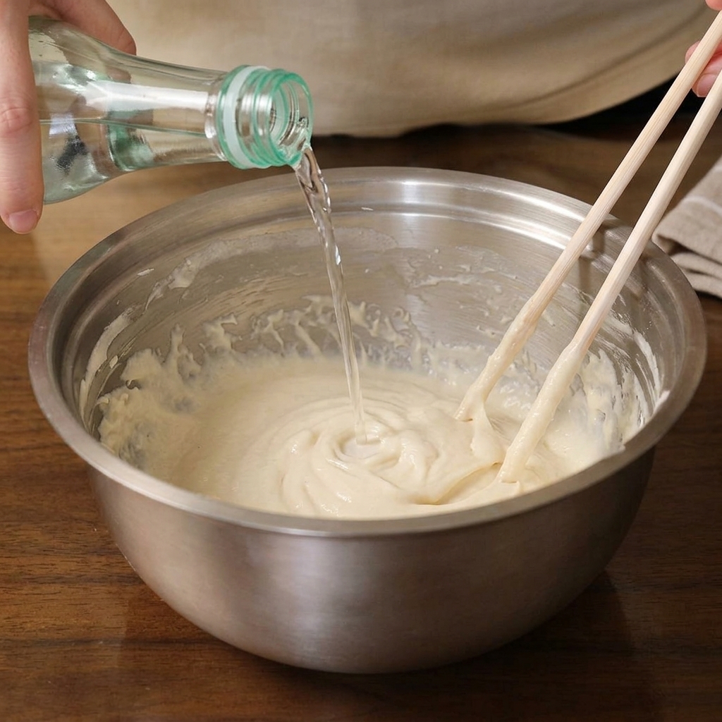 小麦粉の生地にガラス瓶から水を注ぎ、木製の箸でかき混ぜている様子。
