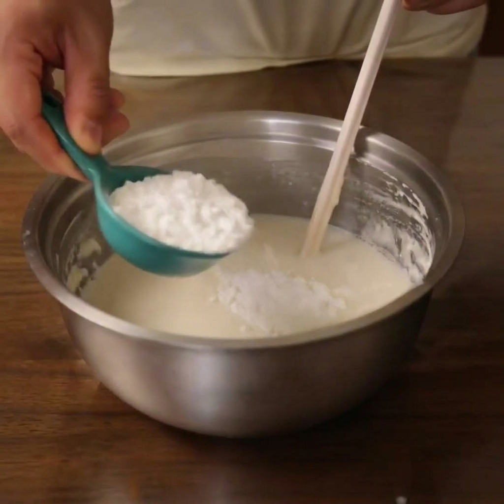 緑色の計量スプーンから白いエンドウ豆でんぷんを生地に加えている様子。