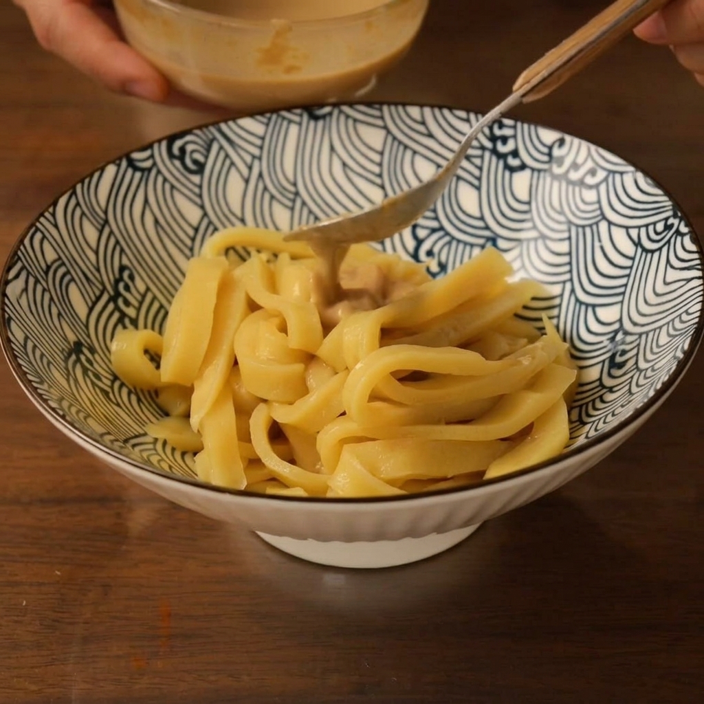 太く切った麺が入ったボウルに、クリーミーな練りごまとからしのソースをスプーンでかけている様子。