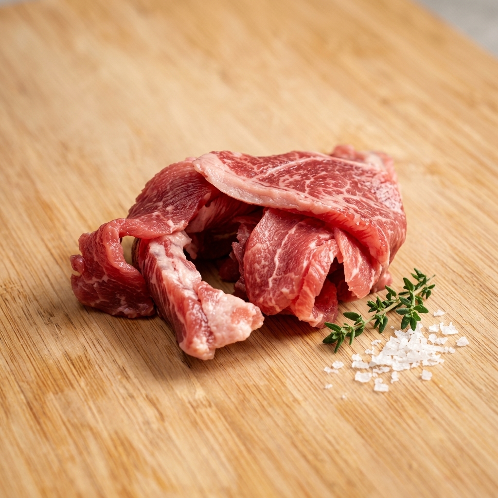 まな板の上で大きな包丁を使って豚肉を細かく刻んでいる様子。