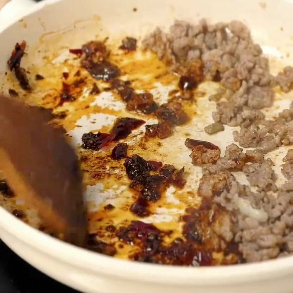 フライパンでひき肉に豆板醤を混ぜ合わせている様子。