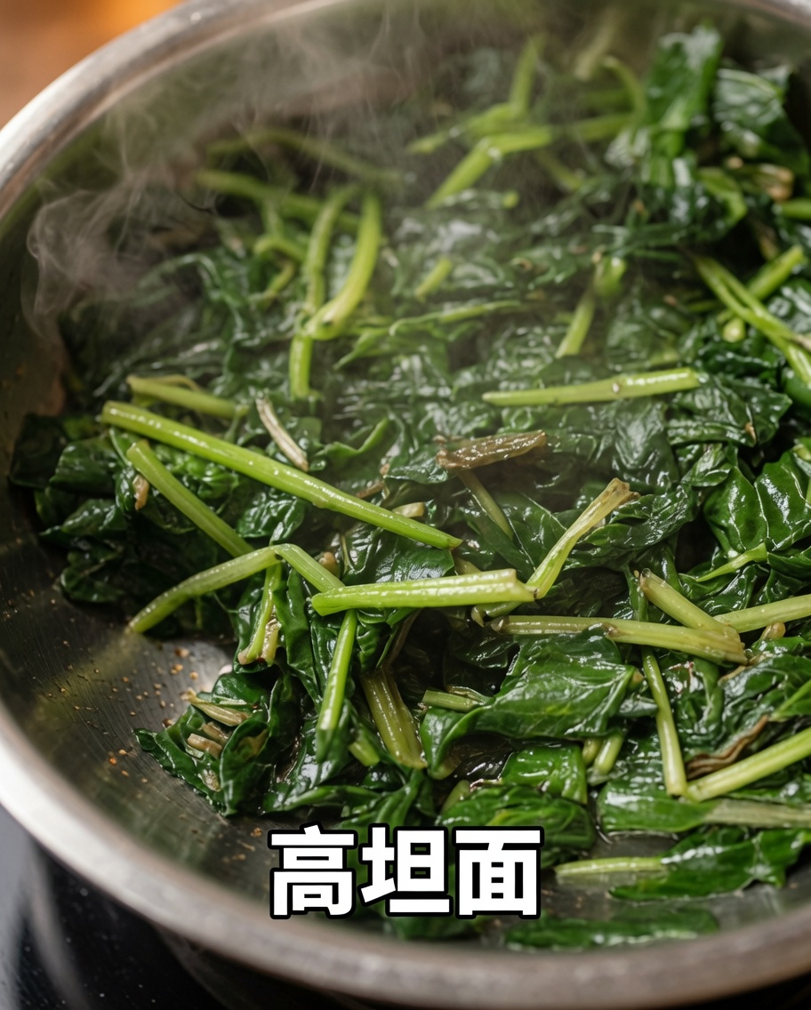 切ったばかりの麺が入ったボウルに、鮮やかな緑色の茹でほうれん草をトッピングしている様子。