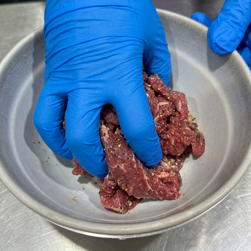 油を加える前に、手袋をした手で味付けした牛肉をボウルで混ぜ合わせている様子。