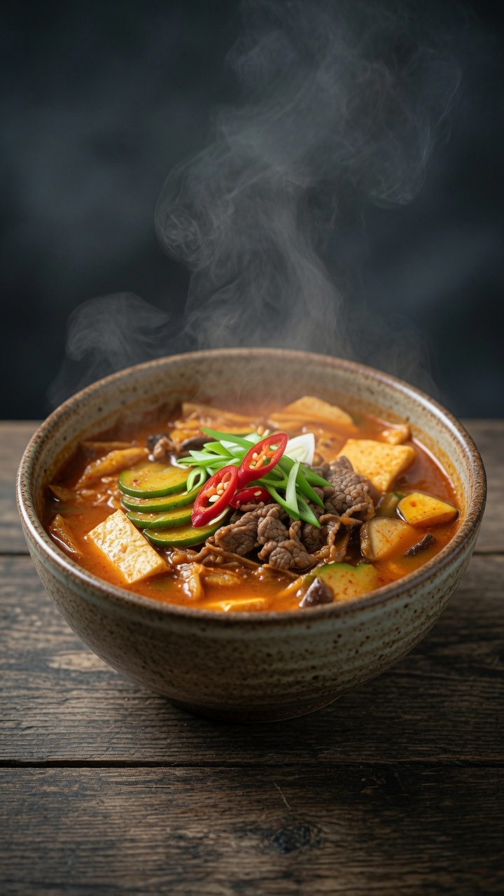 柔らかい牛肉、きのこ、豆腐、そして新鮮な香味野菜がたっぷり入った、色鮮やかで湯気が立ち上るキムチビーフスープ。