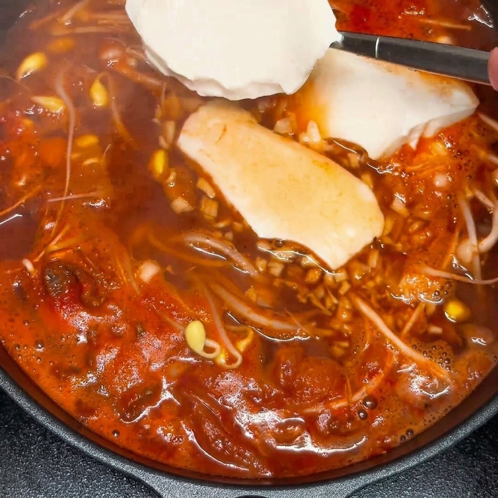 沸騰したピリ辛スープの中に、大きな絹ごし豆腐をそっと入れている様子。