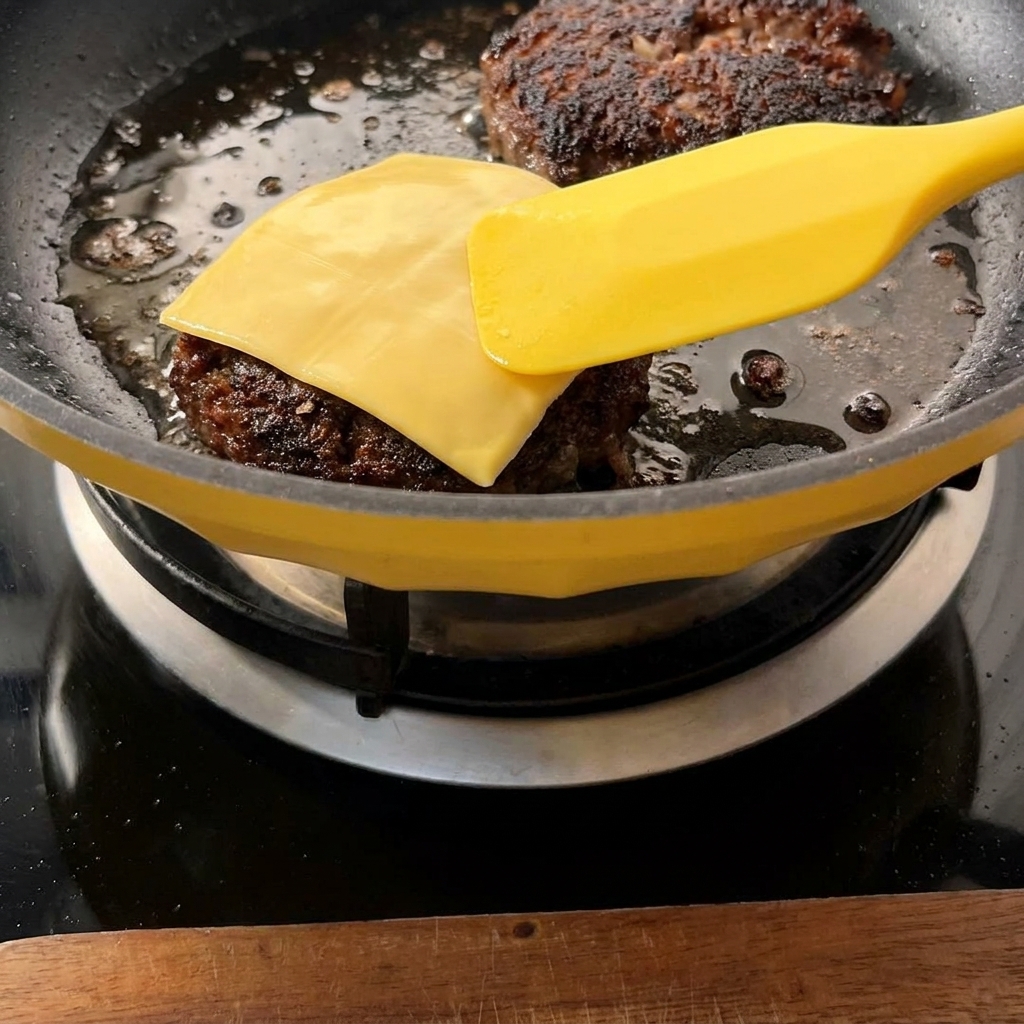 黄色いフライパンでパティの上でとろけている黄色いチェダーチーズ。