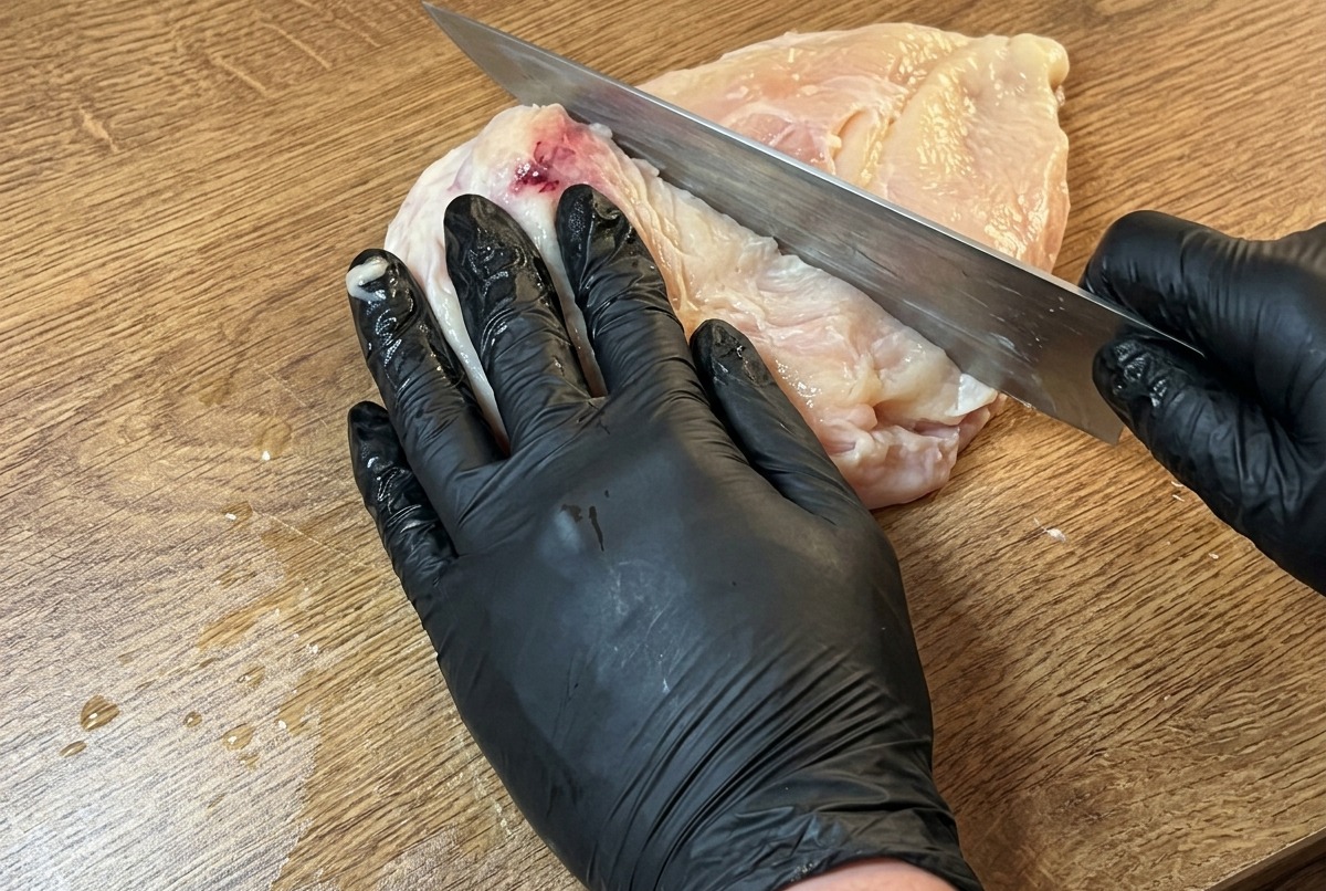 まな板の上でシェフナイフを使って鶏むね肉の筋や余分な脂を取り除いている様子。