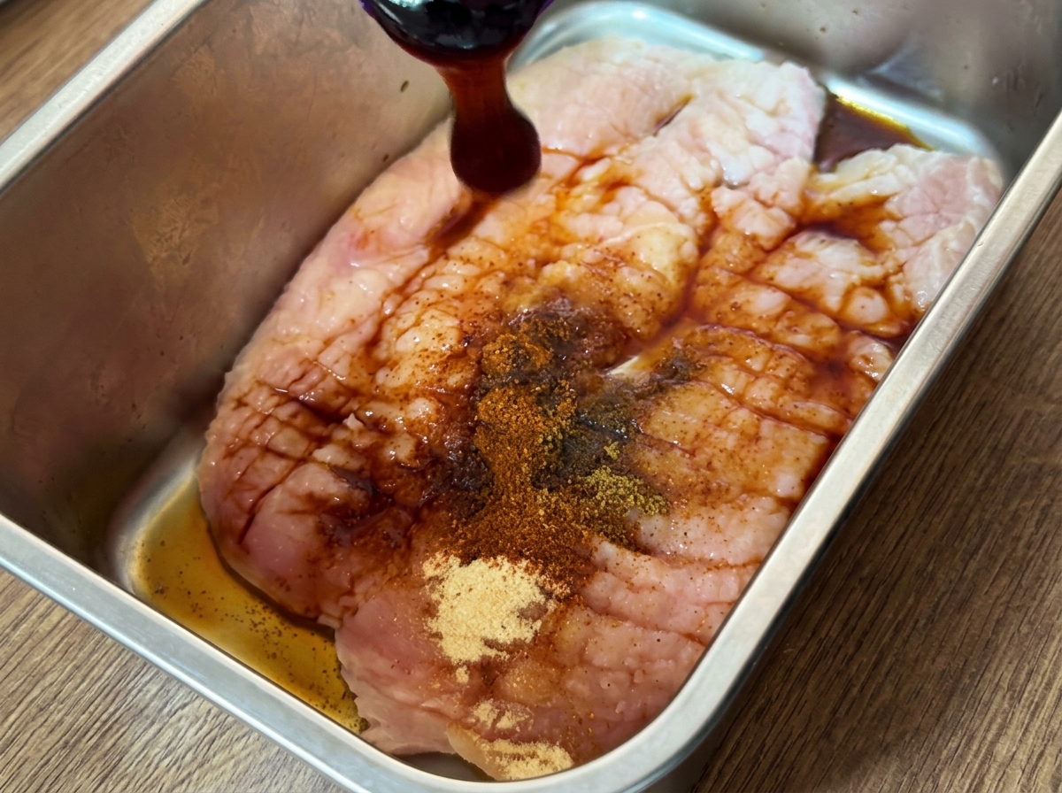 容器に入った鶏肉に各種スパイスやソースを加えている様子。
