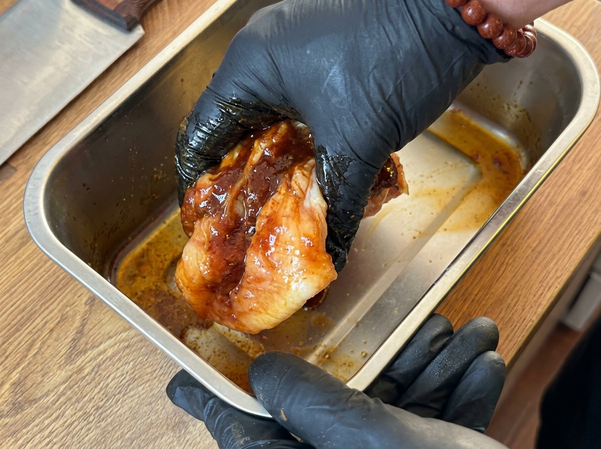 手袋をした手で鶏肉にタレを揉み込んでいる様子。