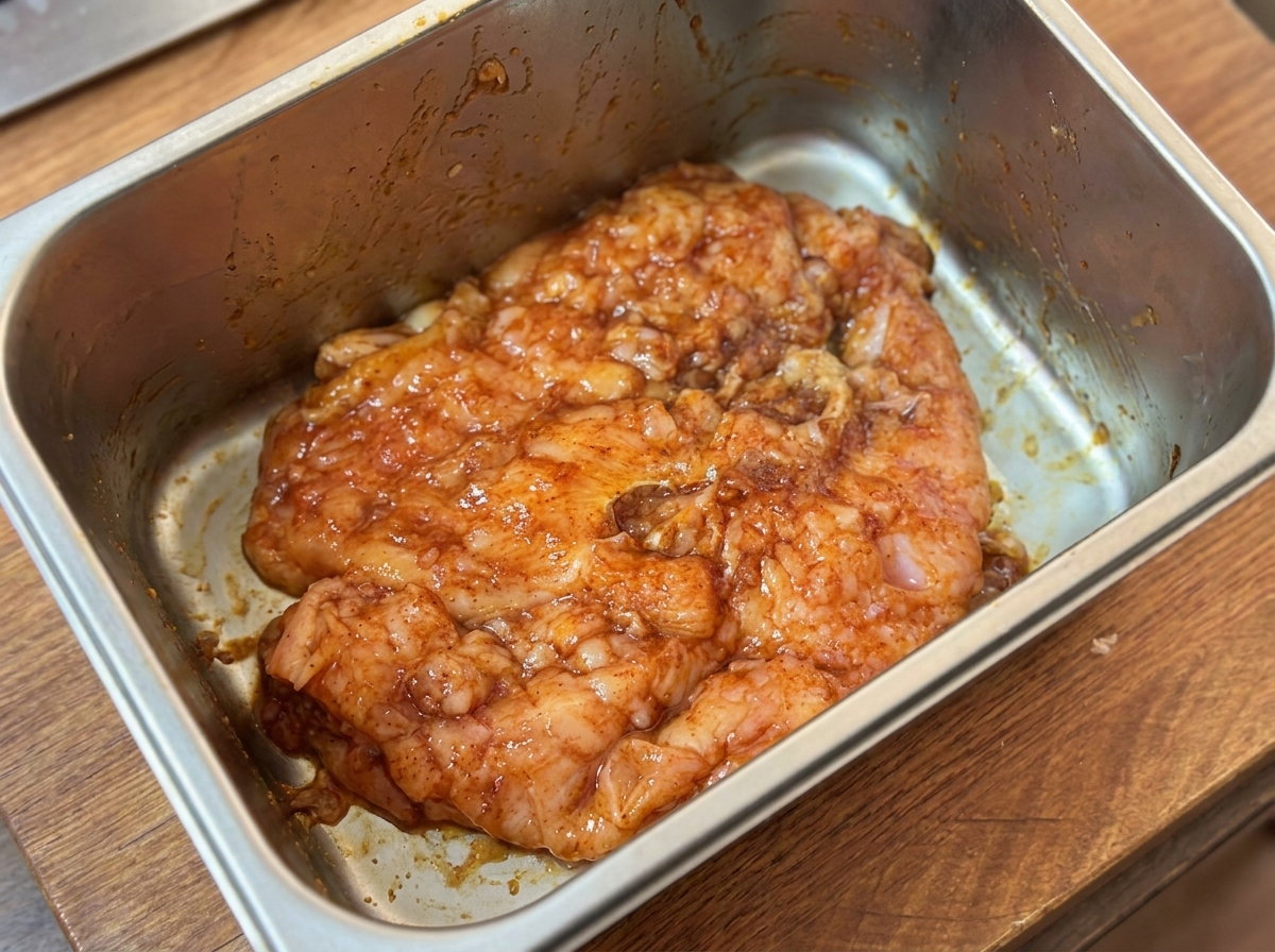 ラップをして冷蔵庫に入れた鶏肉の容器。