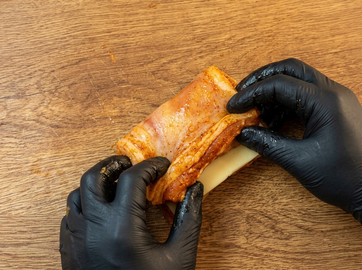 チーズを包むように鶏肉を半分に折り畳んでいる様子。