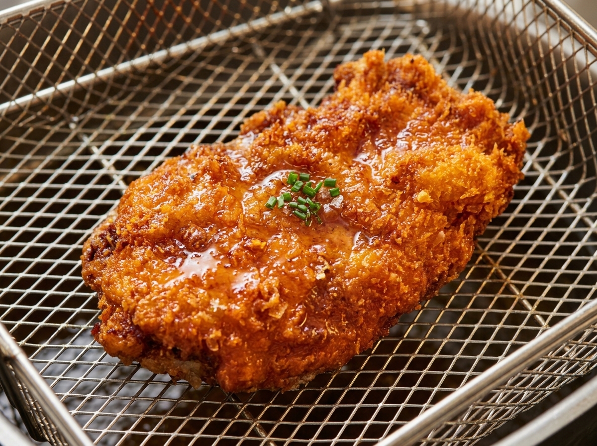 網の上で油を切っている揚げたてのチキン。
