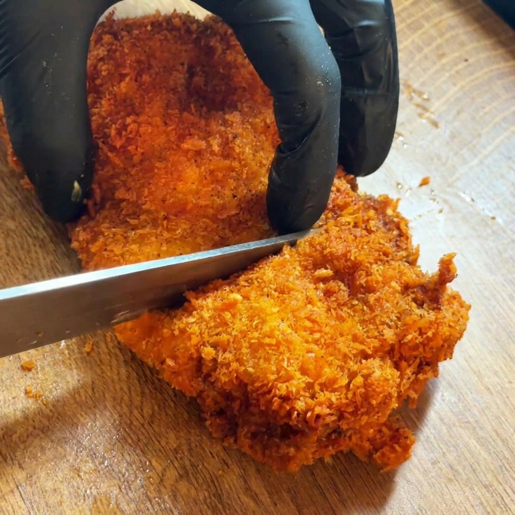揚げたてのチキンをナイフで半分に切っている様子。