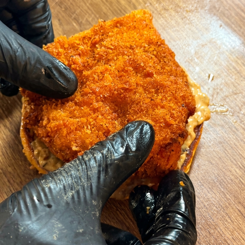 バンズにチキンをのせている様子。
