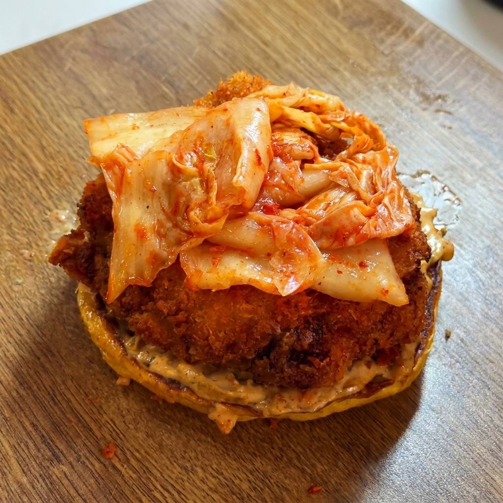 チキンとキムチを重ねている様子。