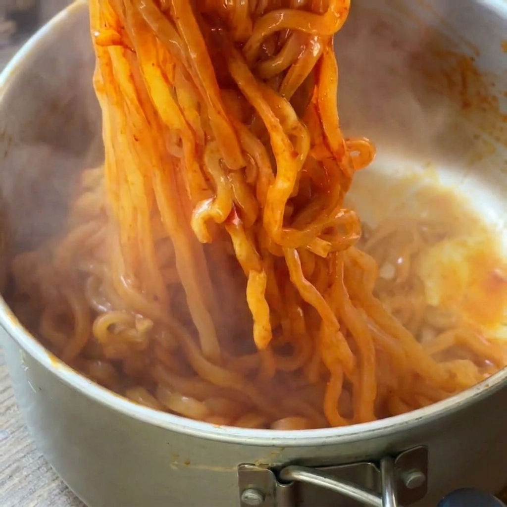 調理した激辛麺を箸で持ち上げている様子。