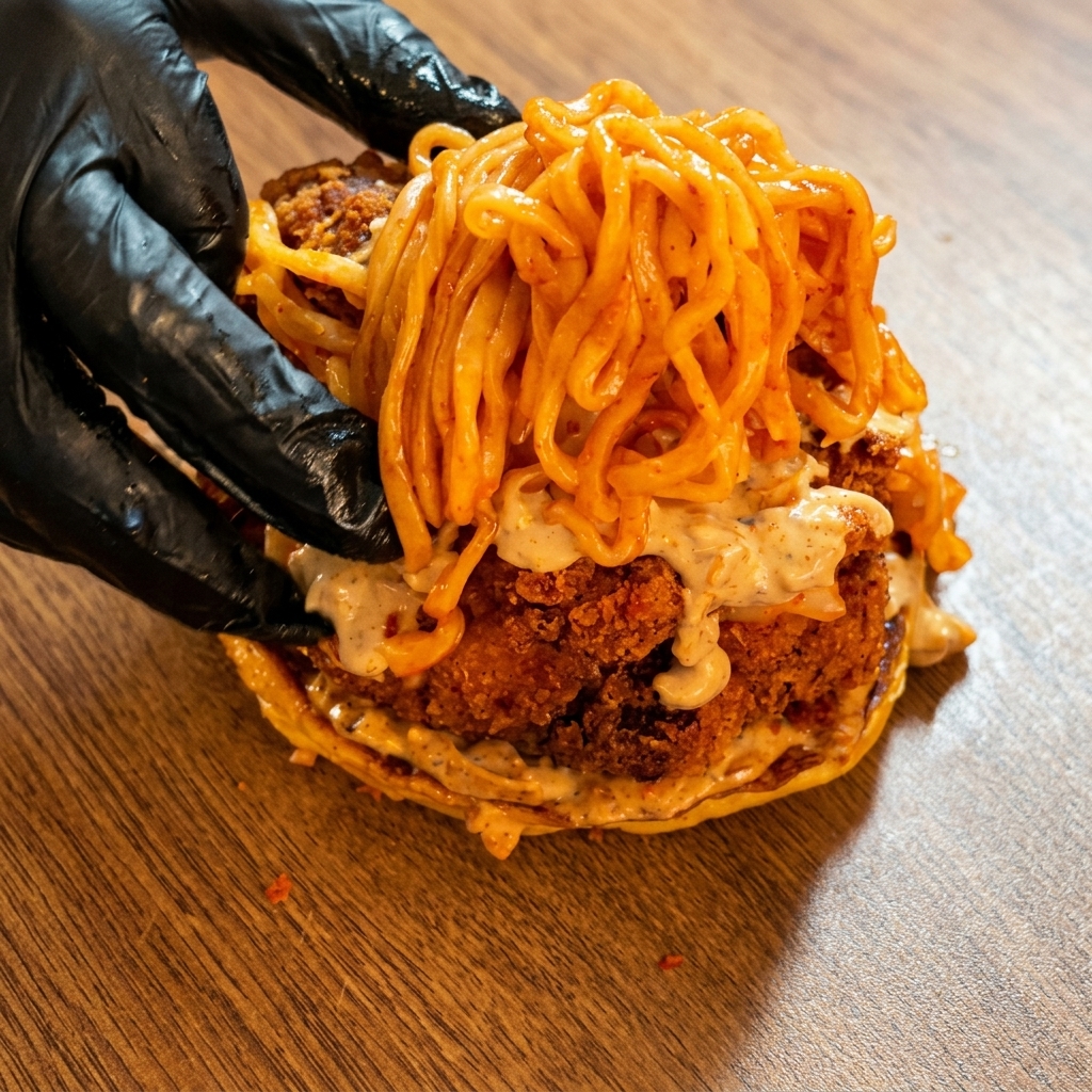 バーガーの上に麺を積み上げている様子。