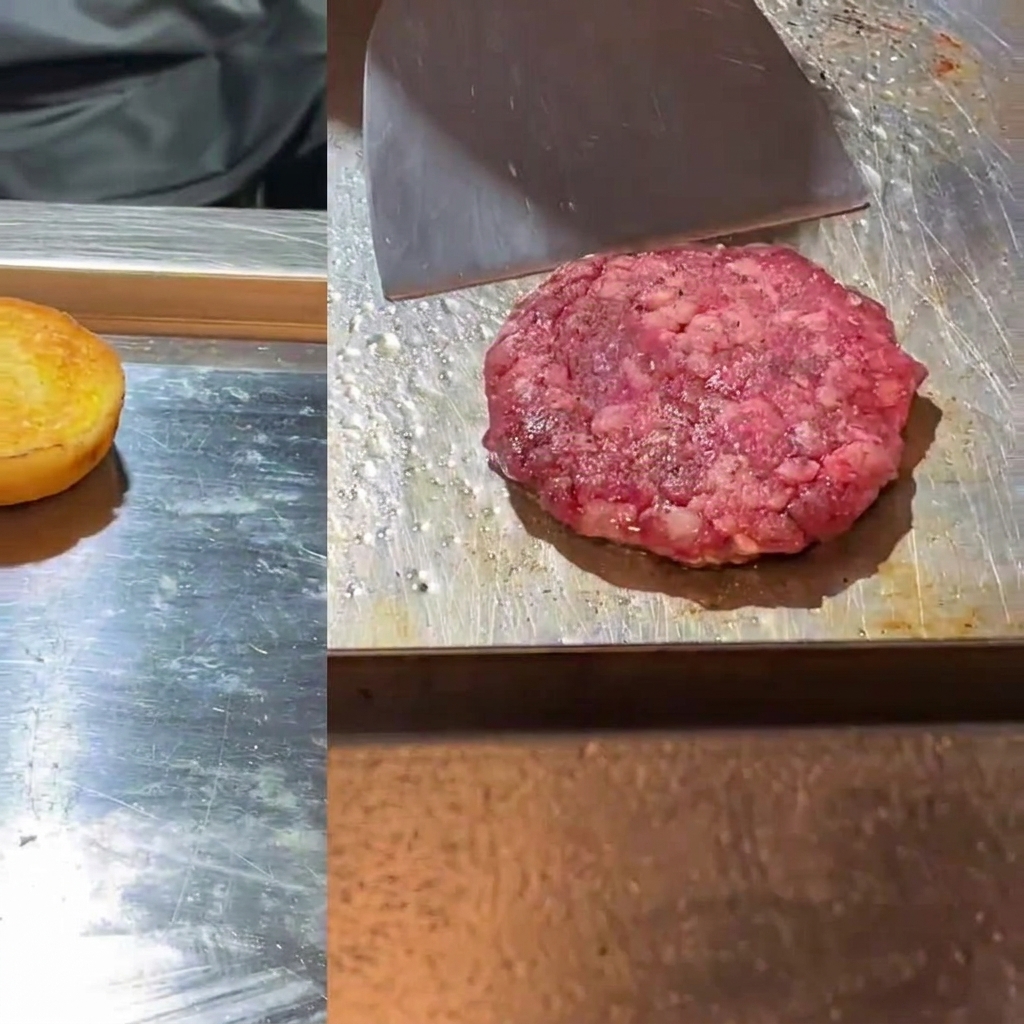熱いグリドル上でトーストされたバンズと、ヘラで平らに押さえられているパティの様子。