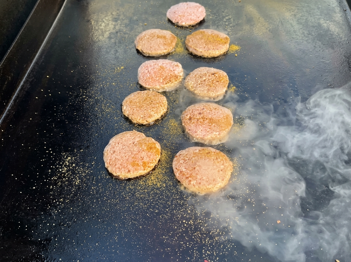 熱い鉄板の上で焦げ目がついているターキーパティ。