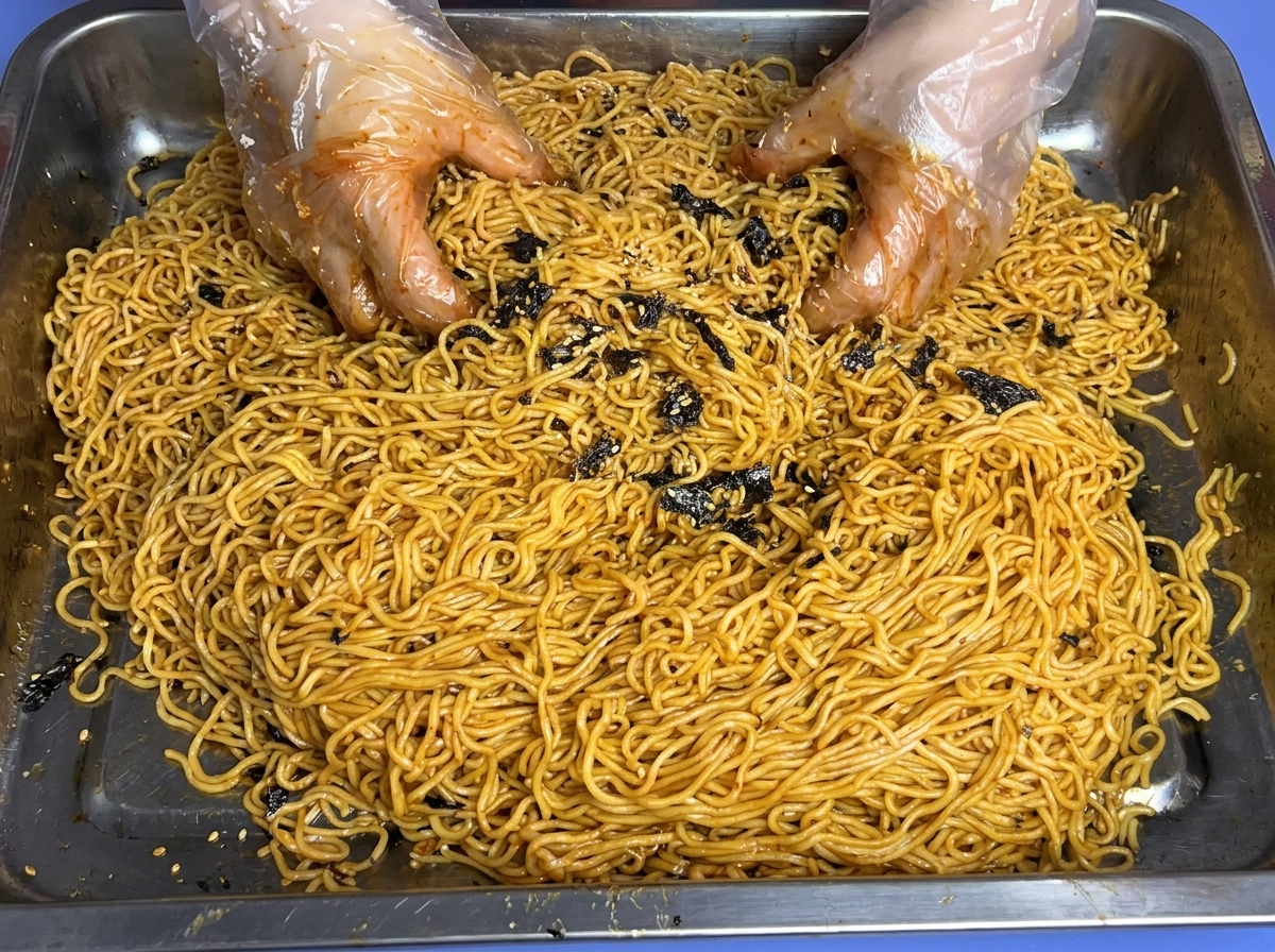 手袋をした手で、麺とソースを丁寧に和えている様子。