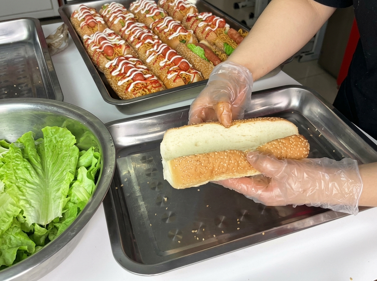 パンにレタス、麺、ソーセージを重ねている様子。