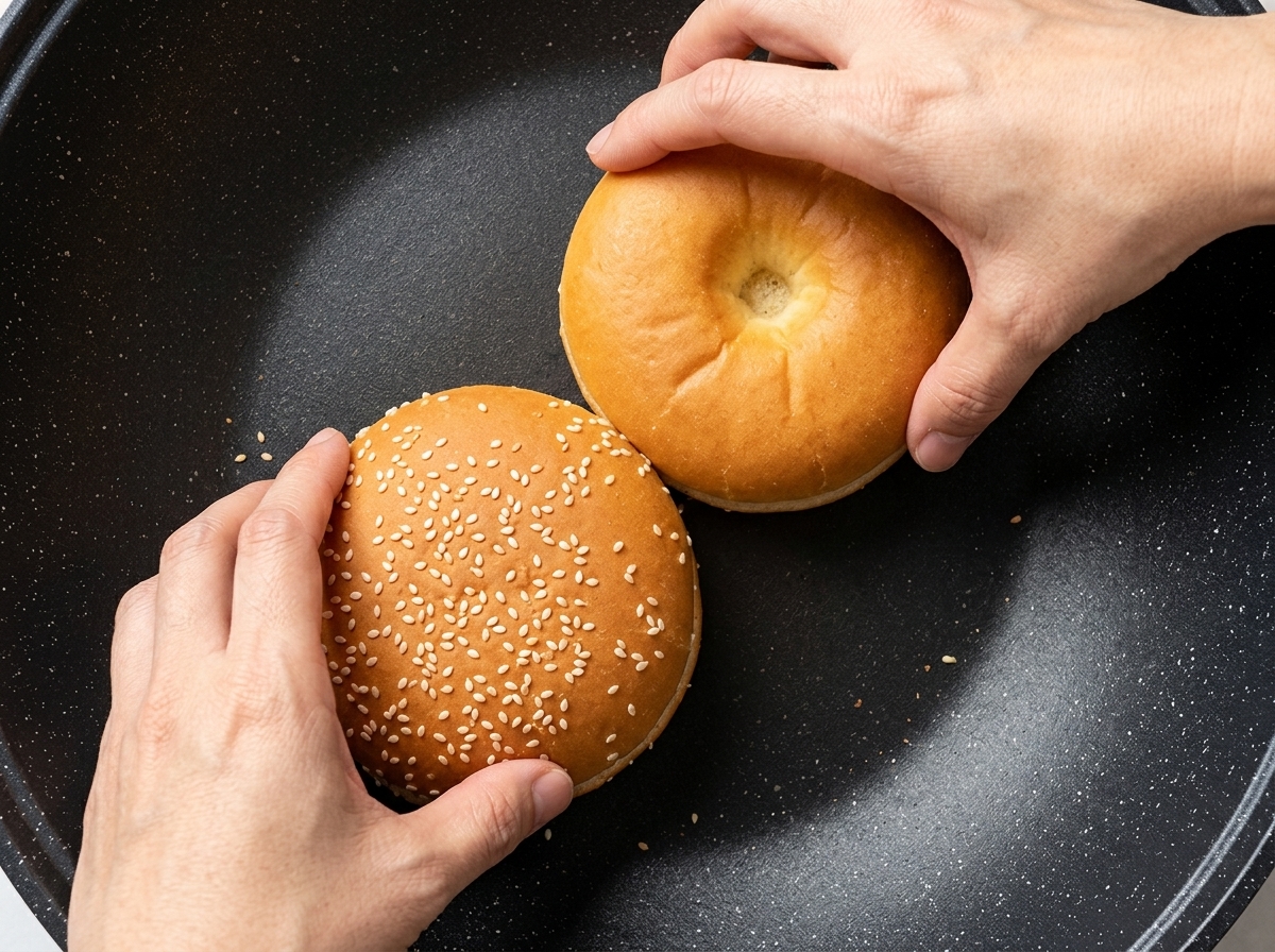 熱したフライパンで焼かれているゴマ付きバンズの断面。
