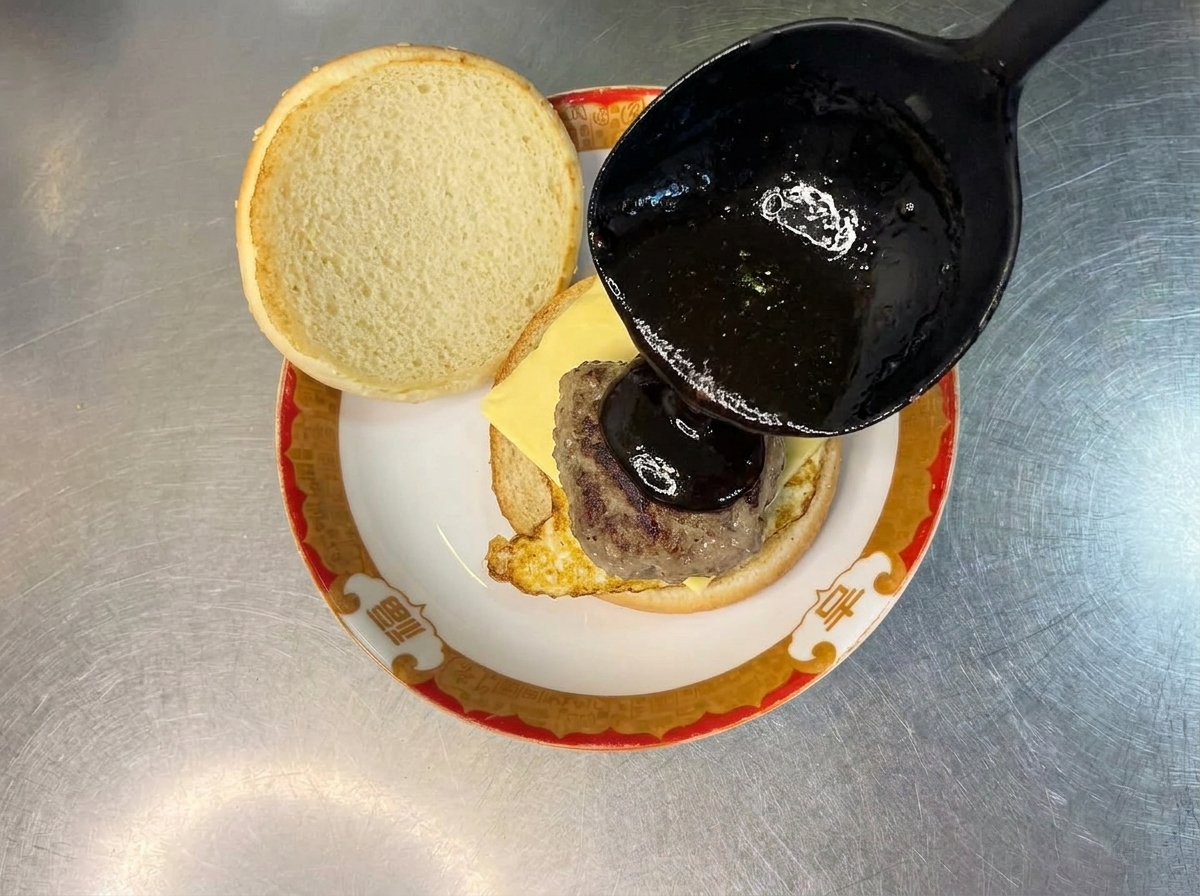 チーズの上に乗った肉パティとケチャップ、麺の盛り付け風景。