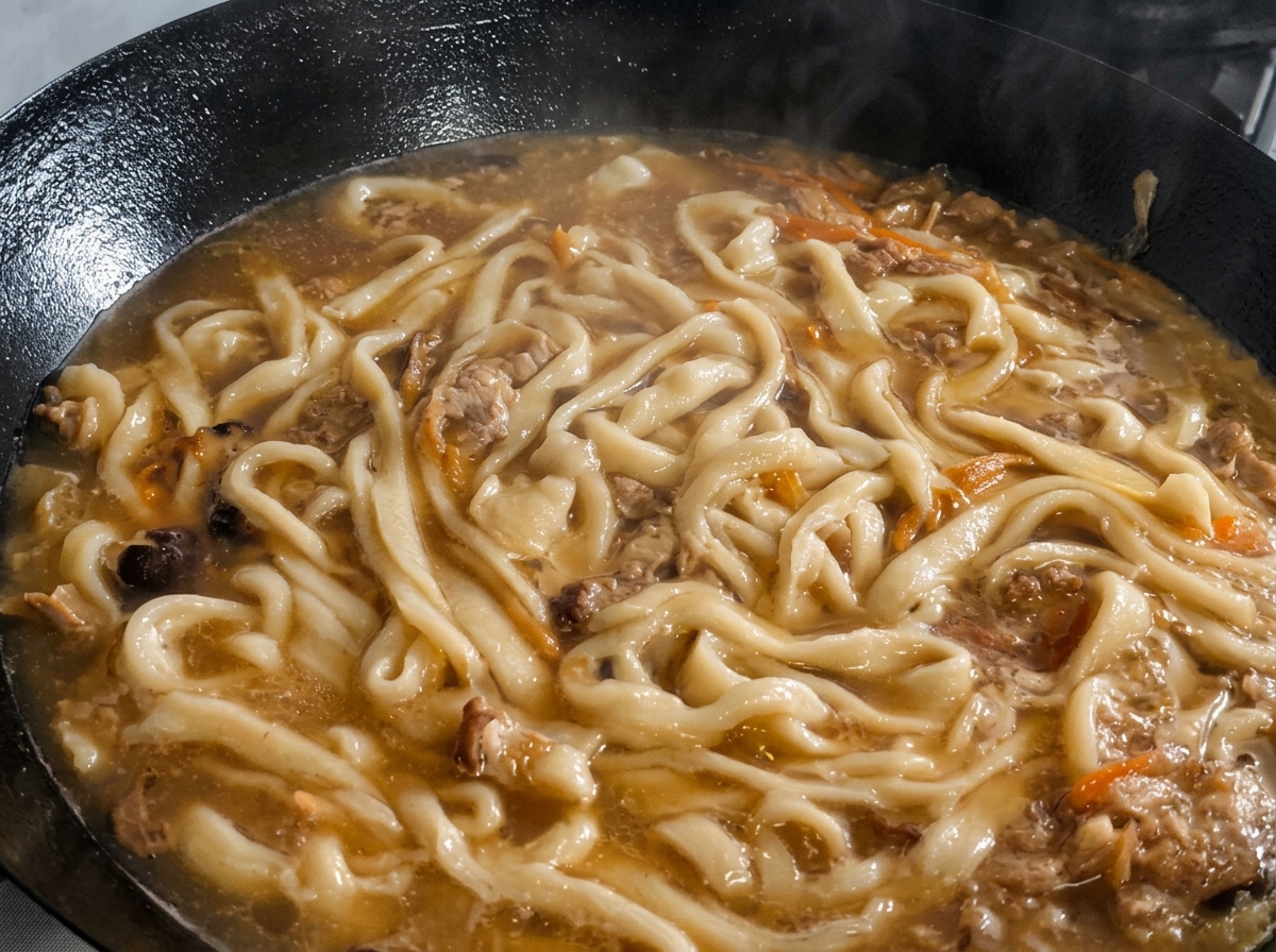 刻んだ紫蘇を煮込んでいる麺の上に散らしている様子。