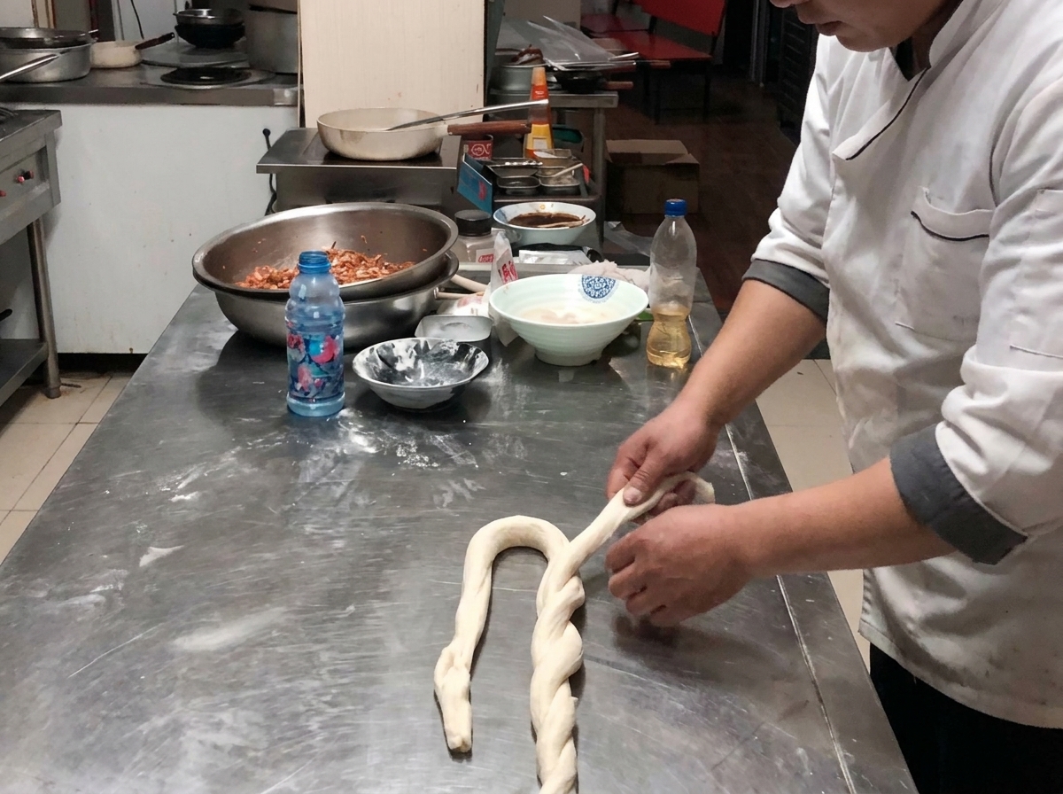 粉をふった台の上で生地を折り重ねている様子。