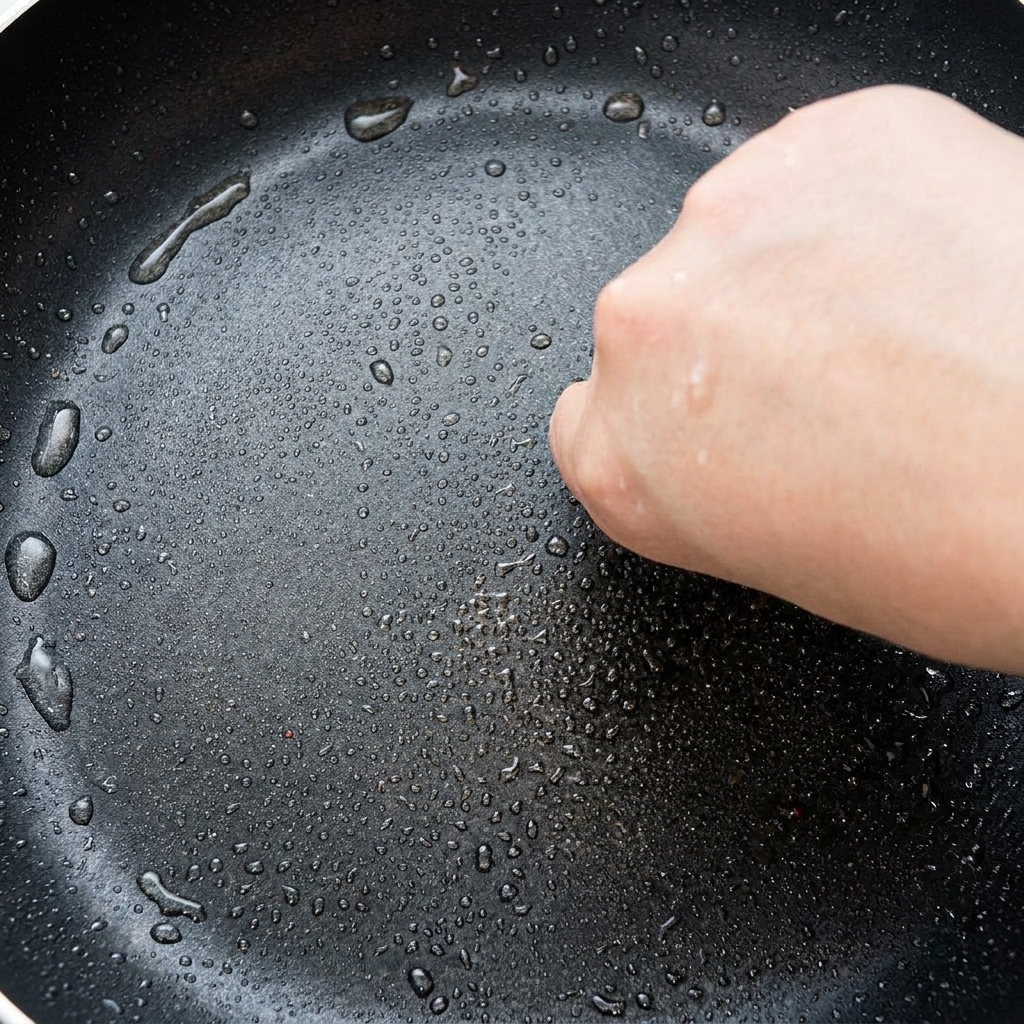 フライパンの中で、海老のすり身側を下にして焼き、こんがりとした焼き目がついている状態。