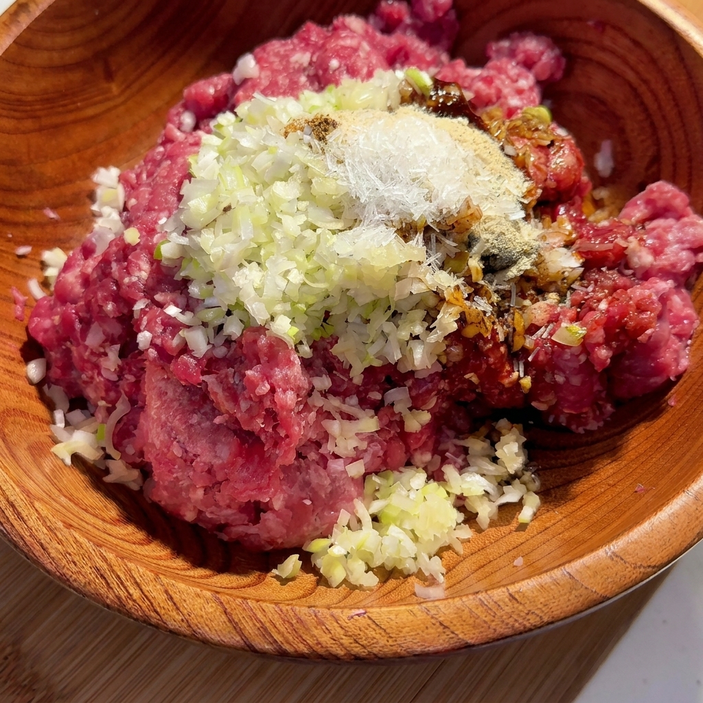 木製のボウルで、ひき肉と調味料を混ぜ合わせている様子。