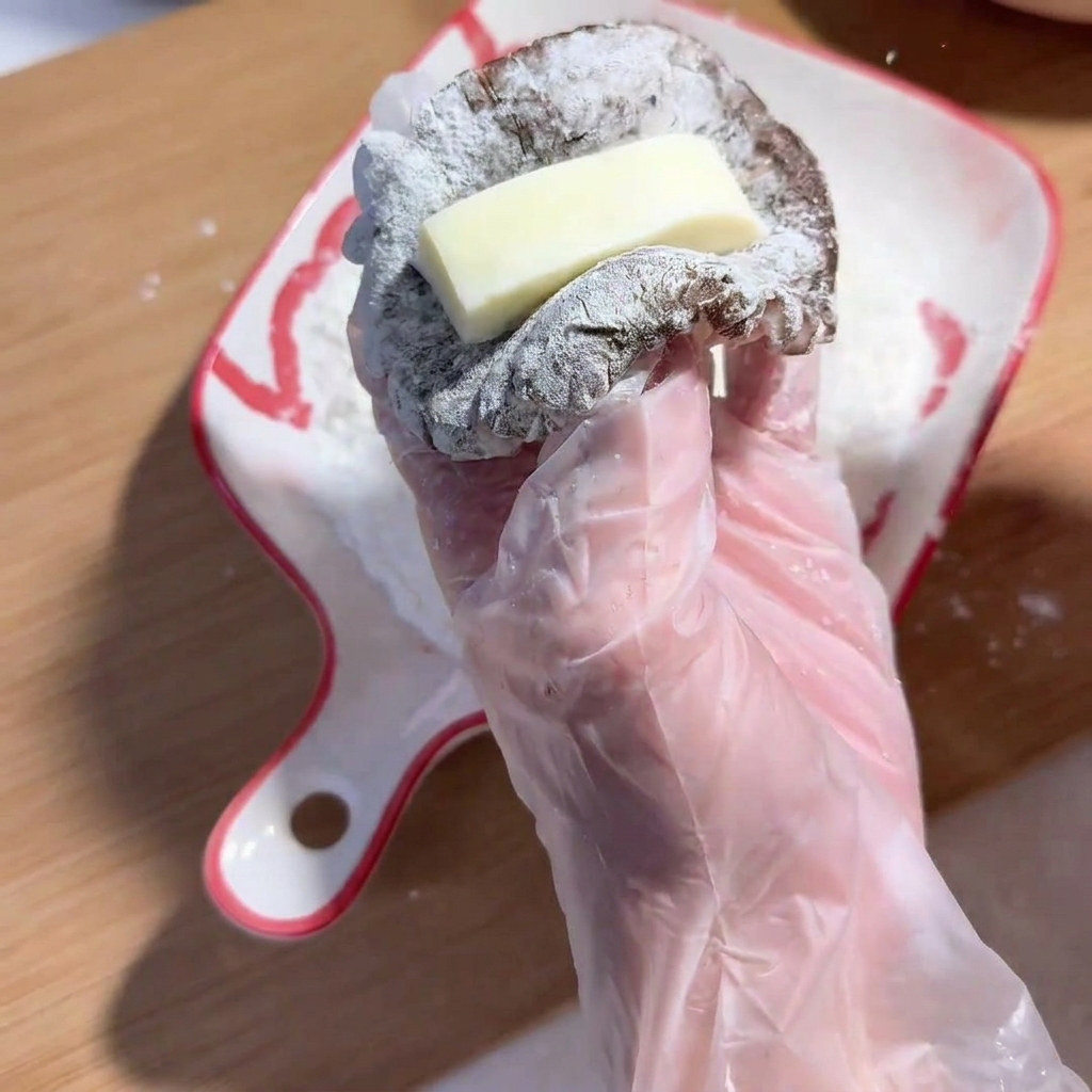 手袋をした手で、牛肉を詰めた椎茸にチーズをのせている様子。